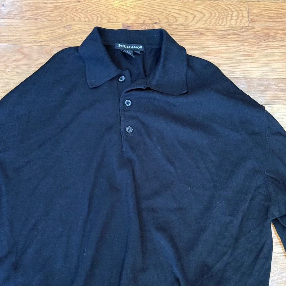 Tulliano‎ Mens Black Silk Cotton Blend Long Sleeve Polo Sweater XL Collared Knit